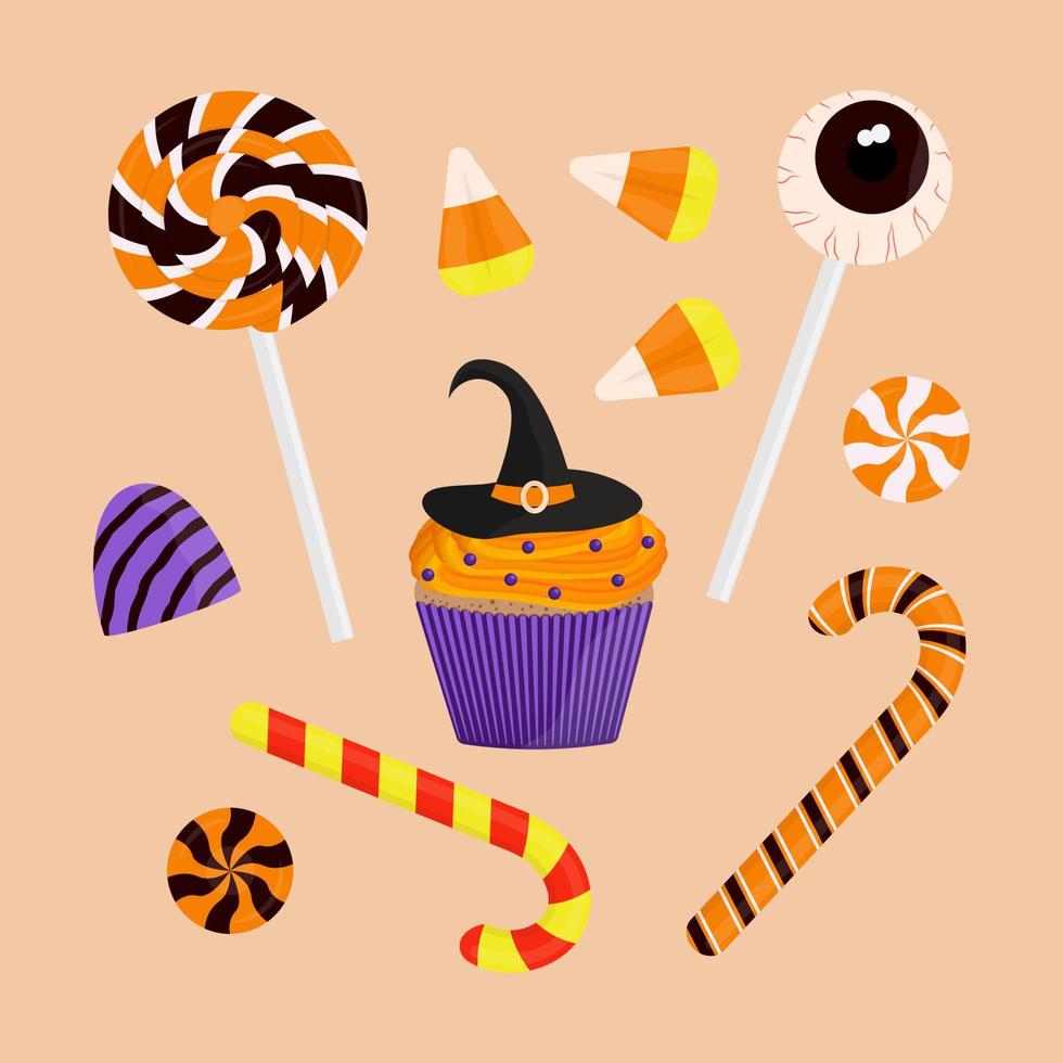 Halloween Sweets Set. Lollipops, candy, cupcake. Vector elements for design.