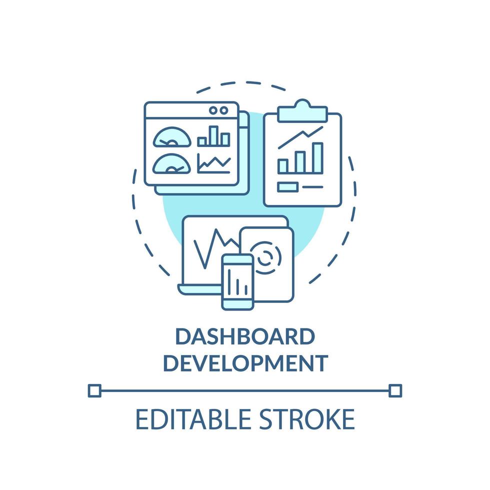 Dashboard development turquoise concept icon. Business intelligence example abstract idea thin line illustration. Isolated outline drawing. Editable stroke. vector