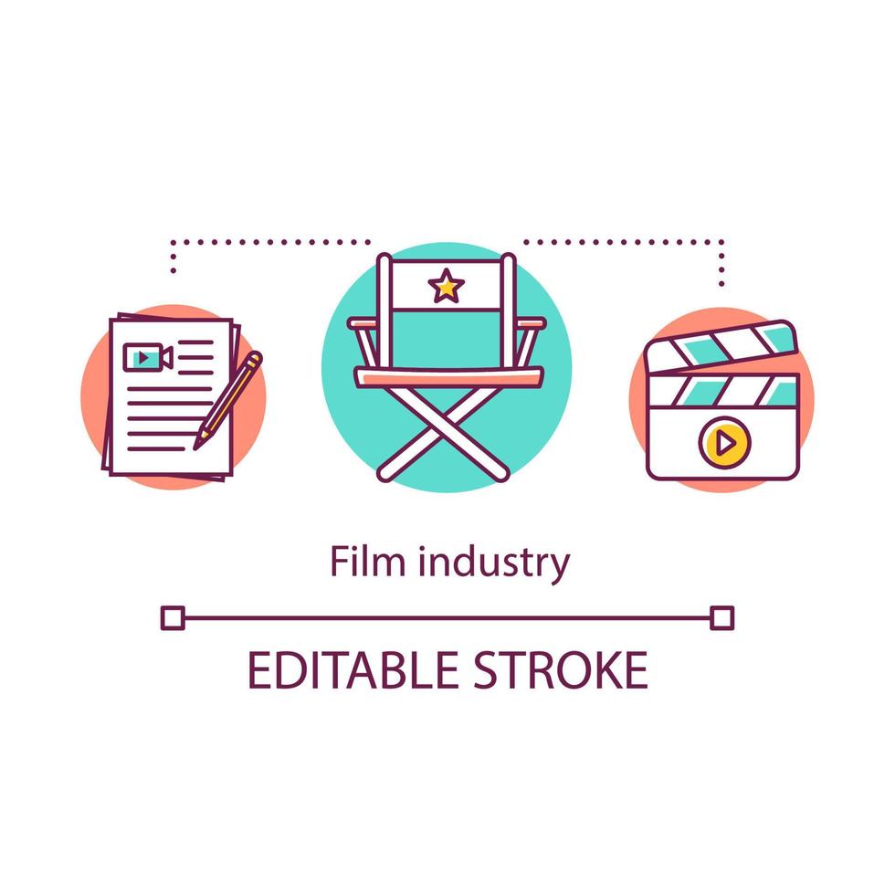 Film industry concept icon. Show business. Filmmaking. Cinema business. Script, director chair, cracker idea thin line illustration. Vector isolated outline drawing. Editable stroke