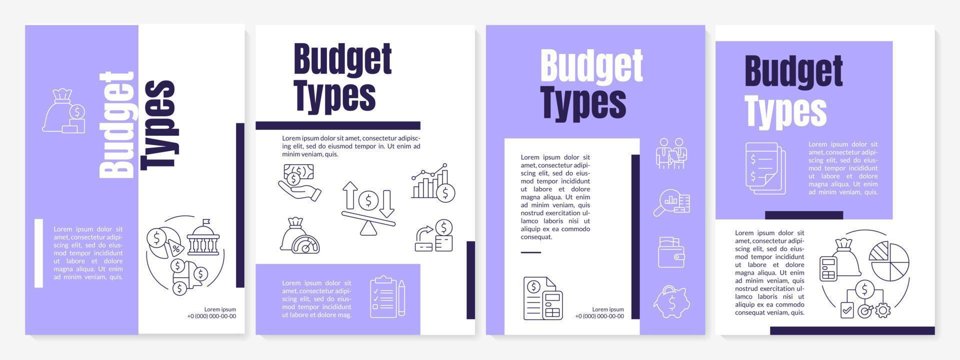 Budget types purple brochure template. Financial program and plan. Leaflet design with linear icons. 4 vector layouts for presentation, annual reports.