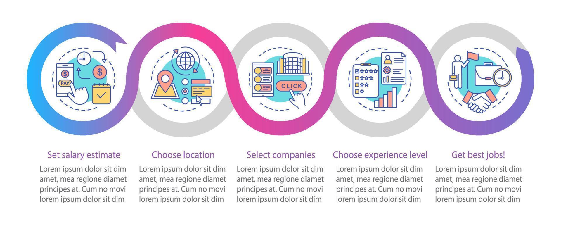 búsqueda de plantillas infográficas vectoriales de trabajos a tiempo parcial. elementos de diseño de presentación de negocios. visualización de datos con cinco pasos y opciones. gráfico de línea de tiempo del proceso. diseño de flujo de trabajo con iconos lineales vector