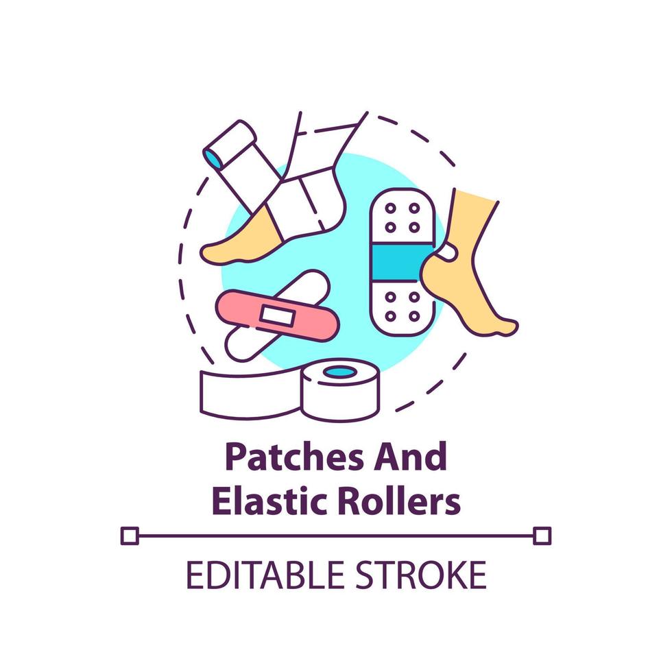 Patches and elastic rollers concept icon. First aid kit components. Action during war abstract idea thin line illustration. Isolated outline drawing. Editable stroke. vector