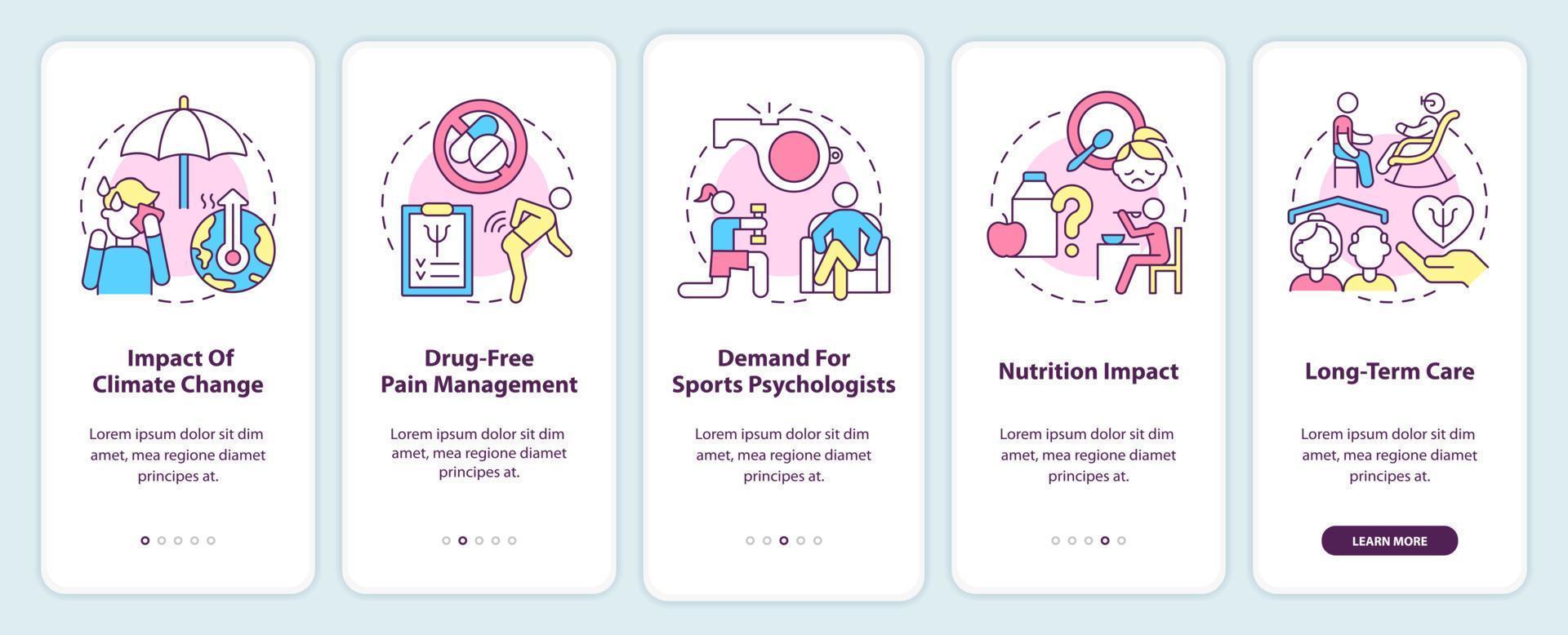 Trends in psychology and mental health onboarding mobile app screen. Walkthrough 5 steps graphic instructions pages with linear concepts. UI, UX, GUI template. vector
