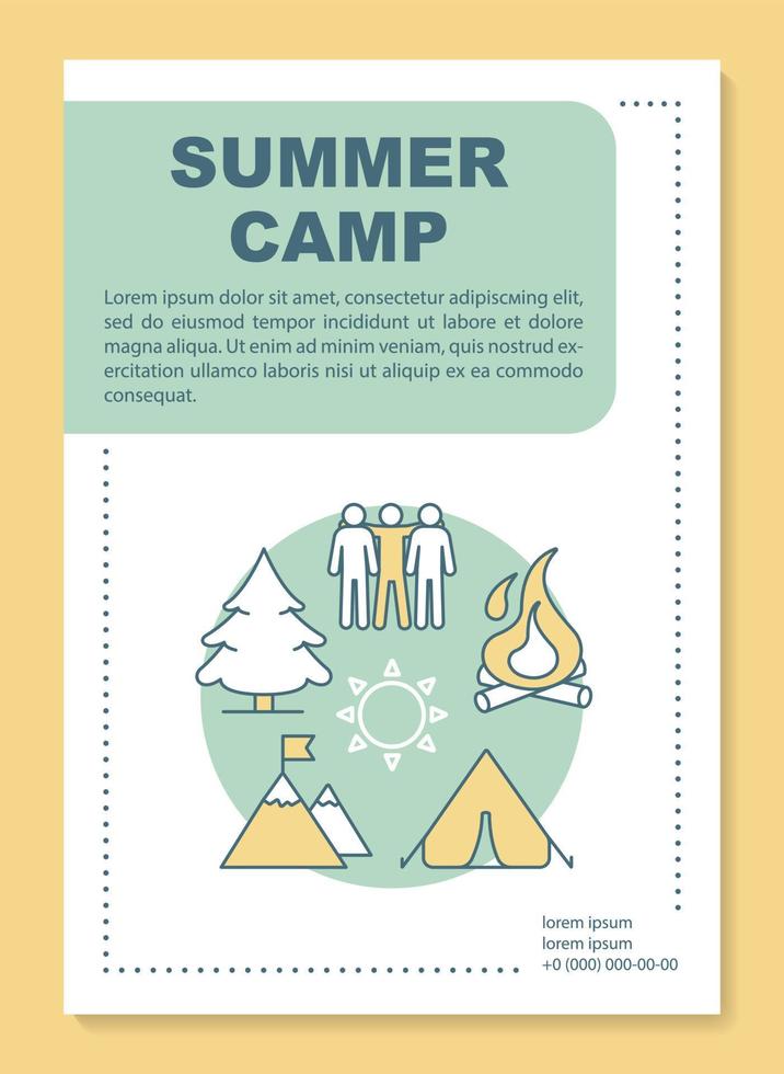 Outdoor adventure camp, vacation, brochure template layout. Flyer, booklet, leaflet print design with linear illustrations. Vector page layouts for magazines, annual reports, advertising posters..