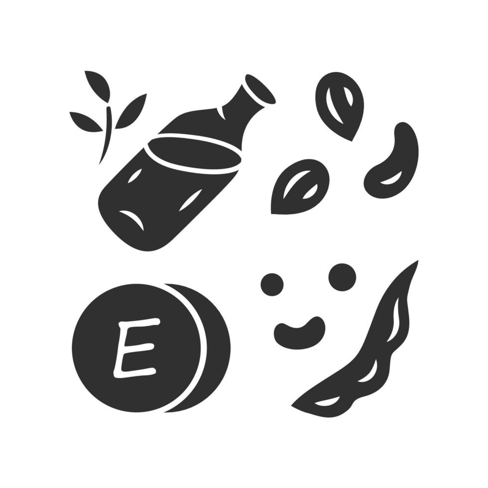 Vitamin E glyph icon. Peanuts, peas and beans. Seed oil. Healthy diet. Minerals, antioxidants. Tocopherol food source. Dairy products. Silhouette symbol. Negative space. Vector isolated illustration