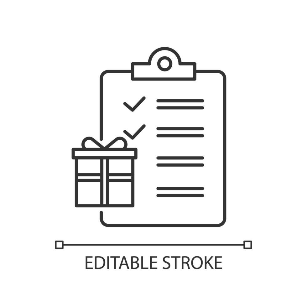 Gift list linear icon. Merchandise and consumerism. Party celebration organization. Writing wish list. Thin line illustration. Contour symbol. Vector isolated outline drawing. Editable stroke