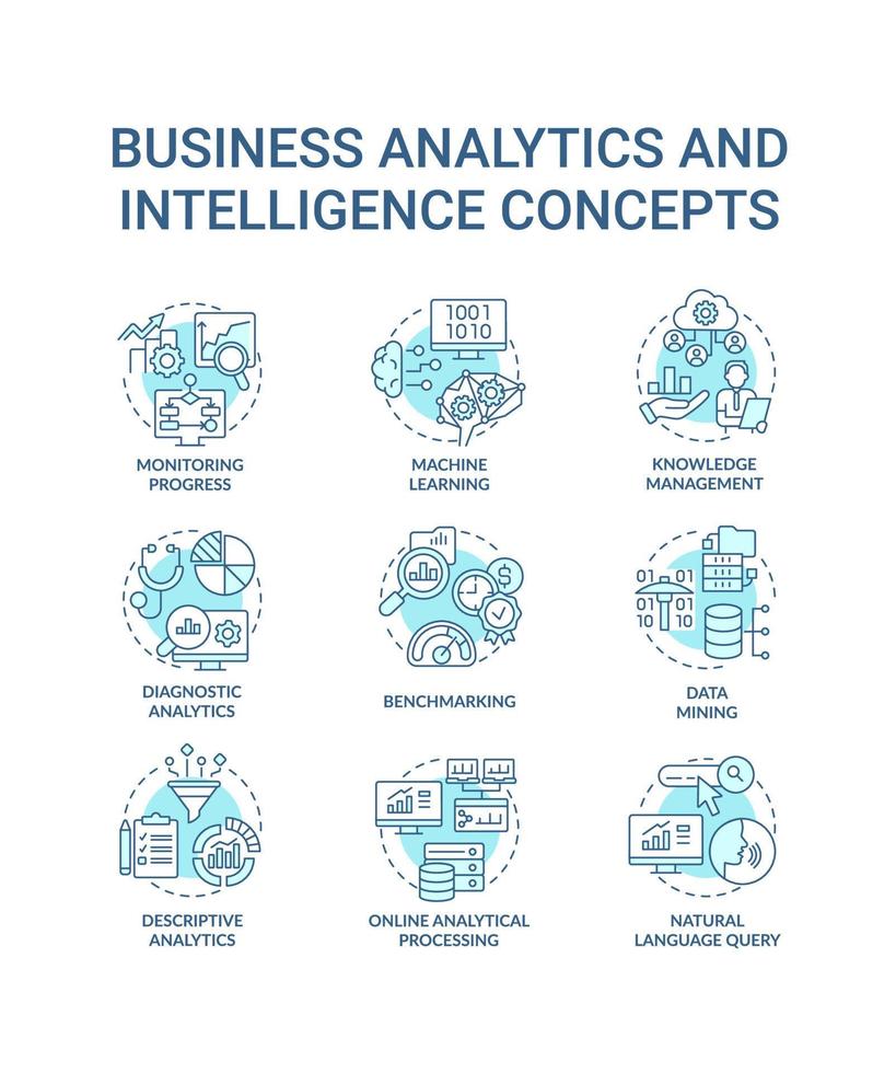 Business analytics and intelligence turquoise concept icons set. Diagnostic analysis idea thin line color illustrations. Isolated symbols. Editable stroke. vector