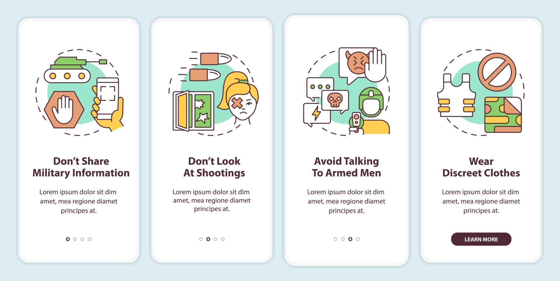 Actions during war for civilians onboarding mobile app screen. Survive walkthrough 4 steps graphic instructions pages with linear concepts. UI, UX, GUI template. vector
