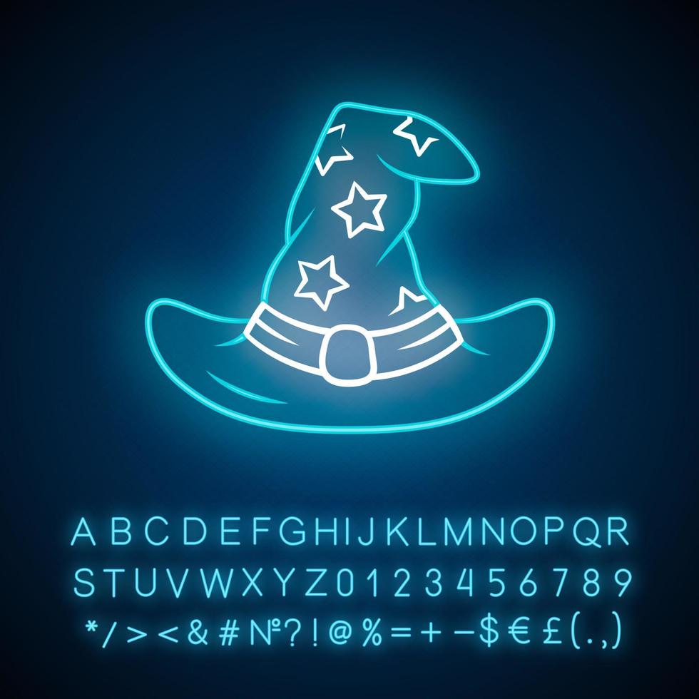 Wizard hat neon light icon. Witch magic cap. Magician, sorceress cap. Halloween costume accessory. Witchcraft, sorcery item. Wicked object. Glowing alphabet, numbers. Vector isolated illustration