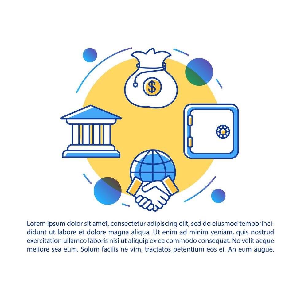Financial security industry article page vector template. Banking. Brochure, magazine, booklet design element with linear icons and text boxes. Print design. Concept illustrations with text space