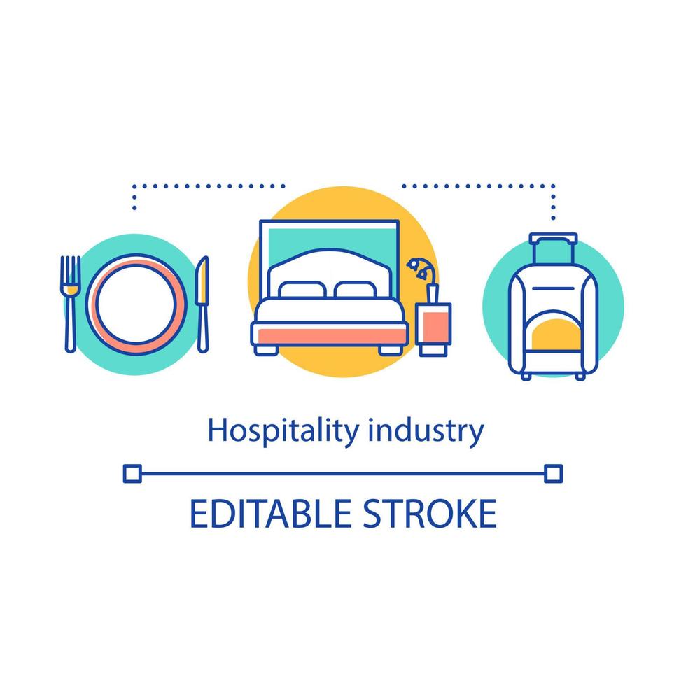 Hospitality industry concept icon. Lodging, food and drink service. Tourism and travel. Hotel accommodation with meals idea thin line illustration. Vector isolated outline drawing. Editable stroke