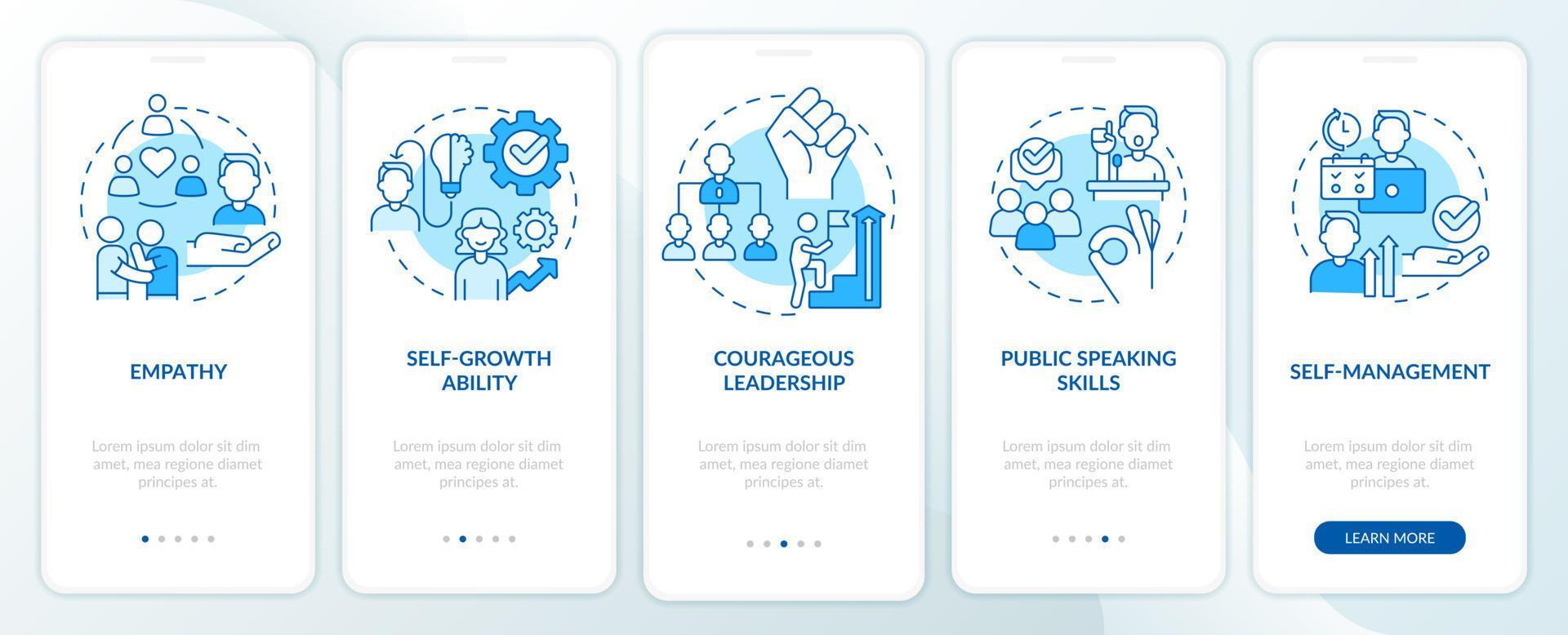 In demand soft skills blue onboarding mobile app screen. Leadership walkthrough 5 steps graphic instructions pages with linear concepts. UI, UX, GUI template. vector