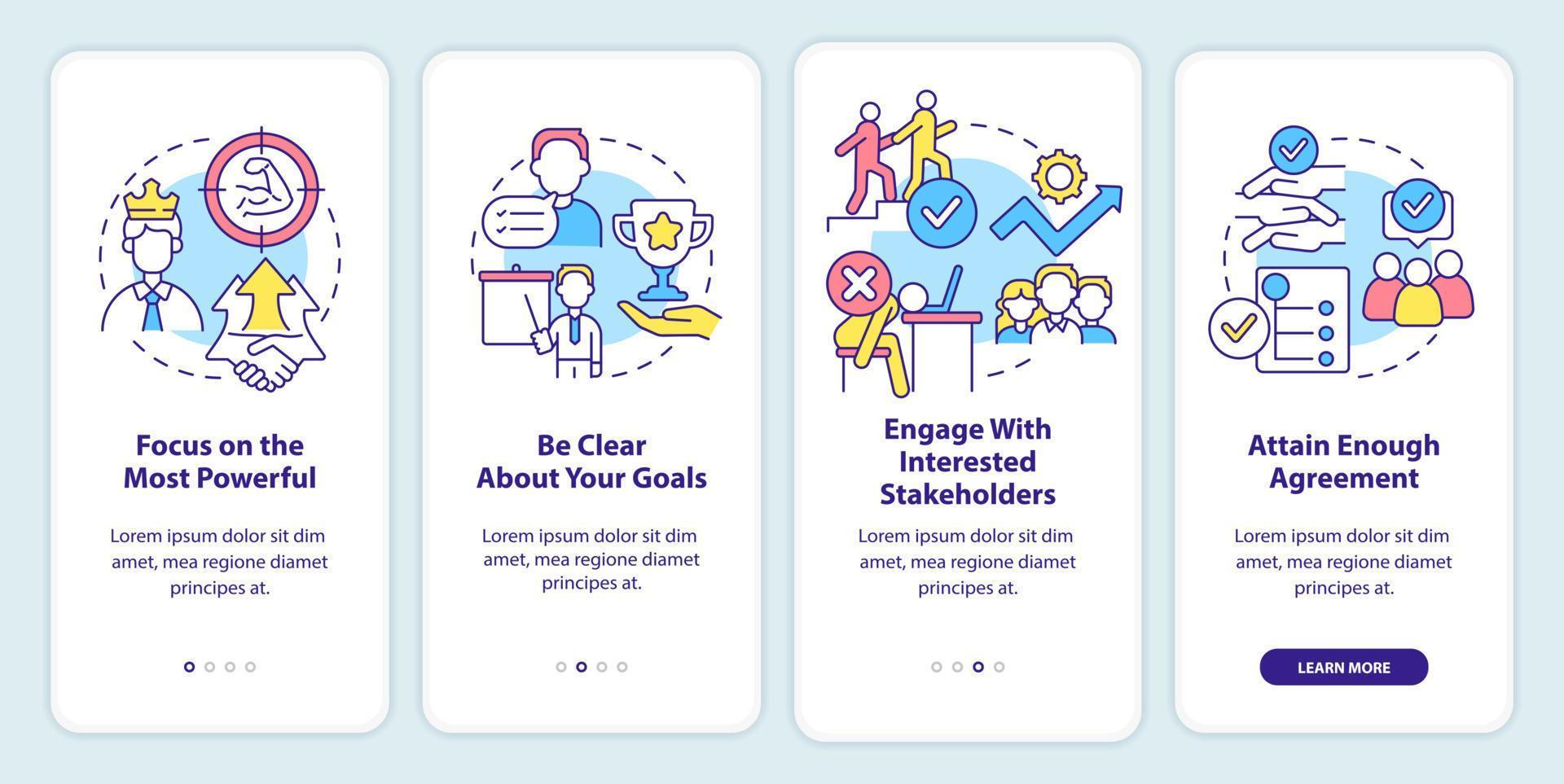 Stakeholders engagement onboarding mobile app screen. Walkthrough 4 steps graphic instructions pages with linear concepts. UI, UX, GUI template. vector