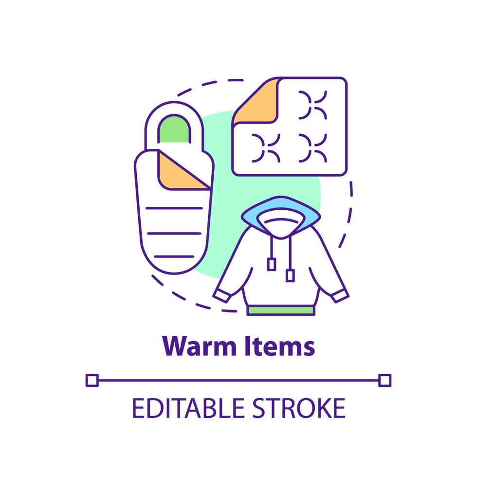 Warm items concept icon. Thing to store for surviving. Emergency preparedness abstract idea thin line illustration. Isolated outline drawing. Editable stroke. vector