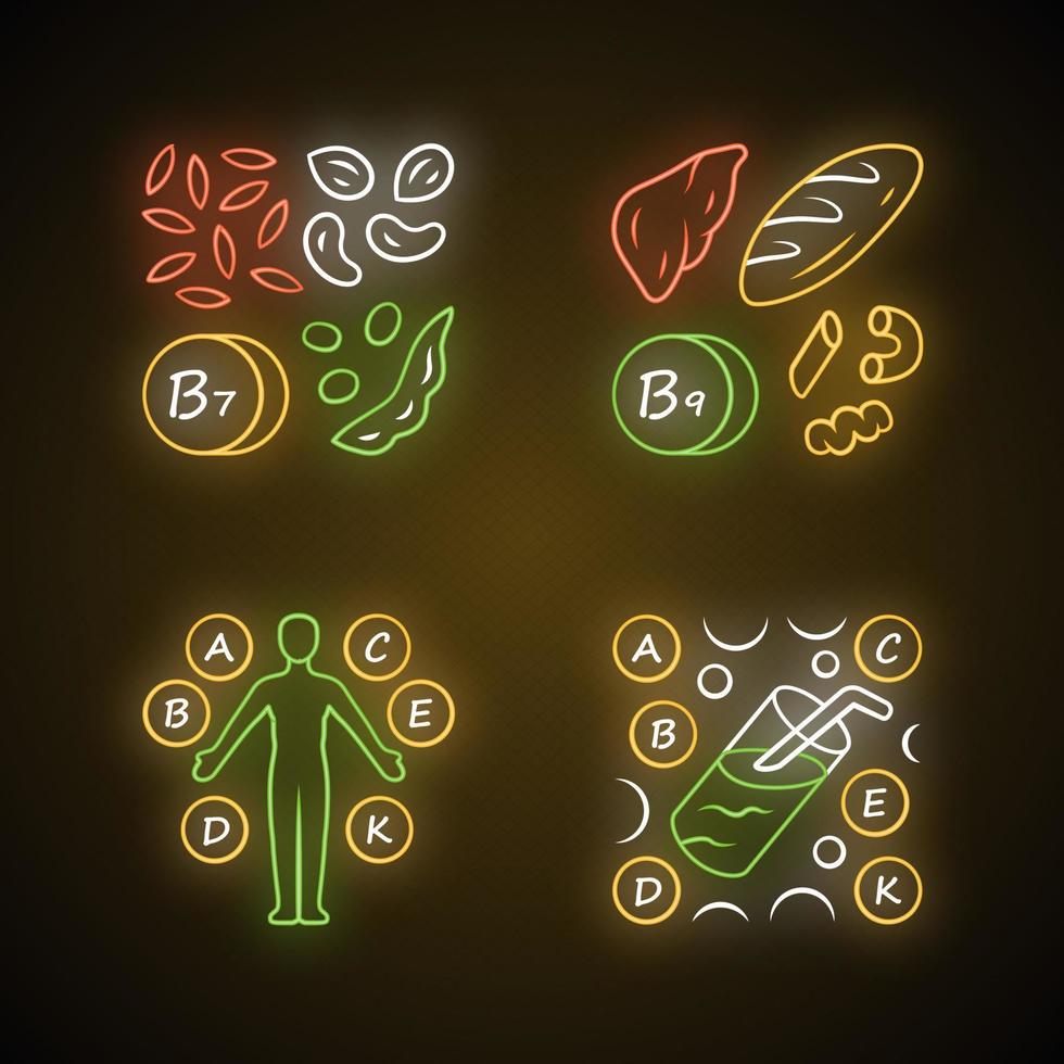 Vitamins neon light icons set. B1, B9 natural food source. Vitamin complex, cocktail. Nuts, flour products. Healthy food. Minerals, antioxidants. Glowing signs. Vector isolated illustrations