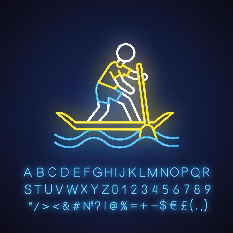 Paddle surfing neon light icon. Sup boarding watersport, extreme underwater kind of sport. Recreational outdoor activity. Glowing sign with alphabet, numbers and symbols. Vector isolated illustration