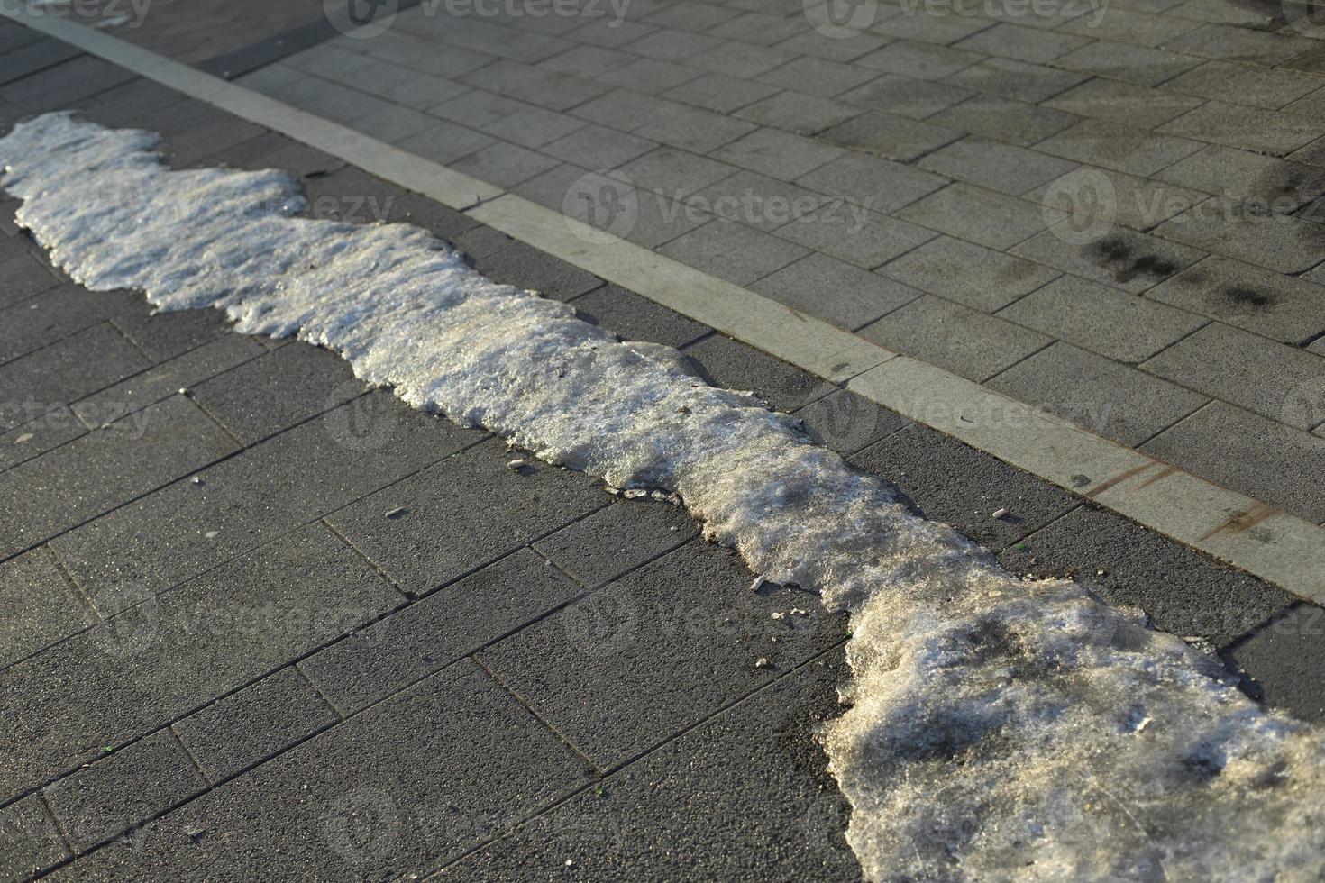 Snow is melting on road. Ice on surface of tratoir. photo