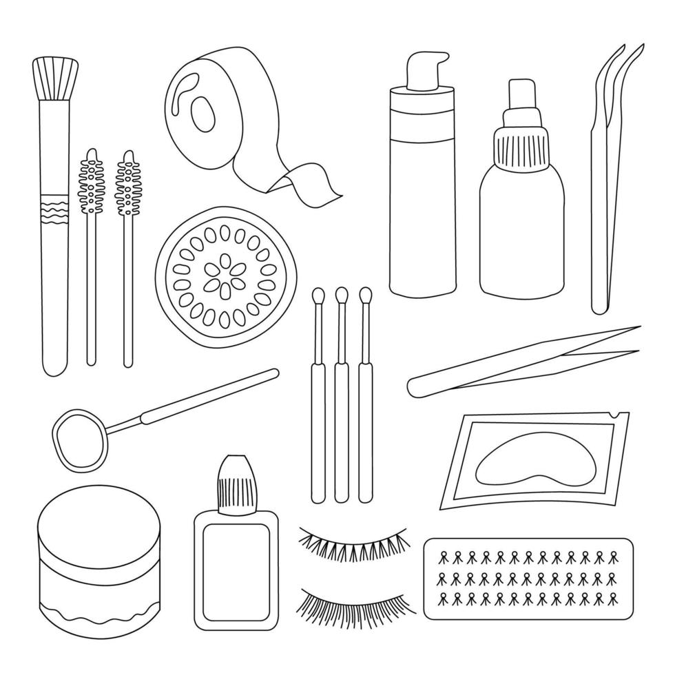 Set of eyelash extension tools isolated on background. doodle vector