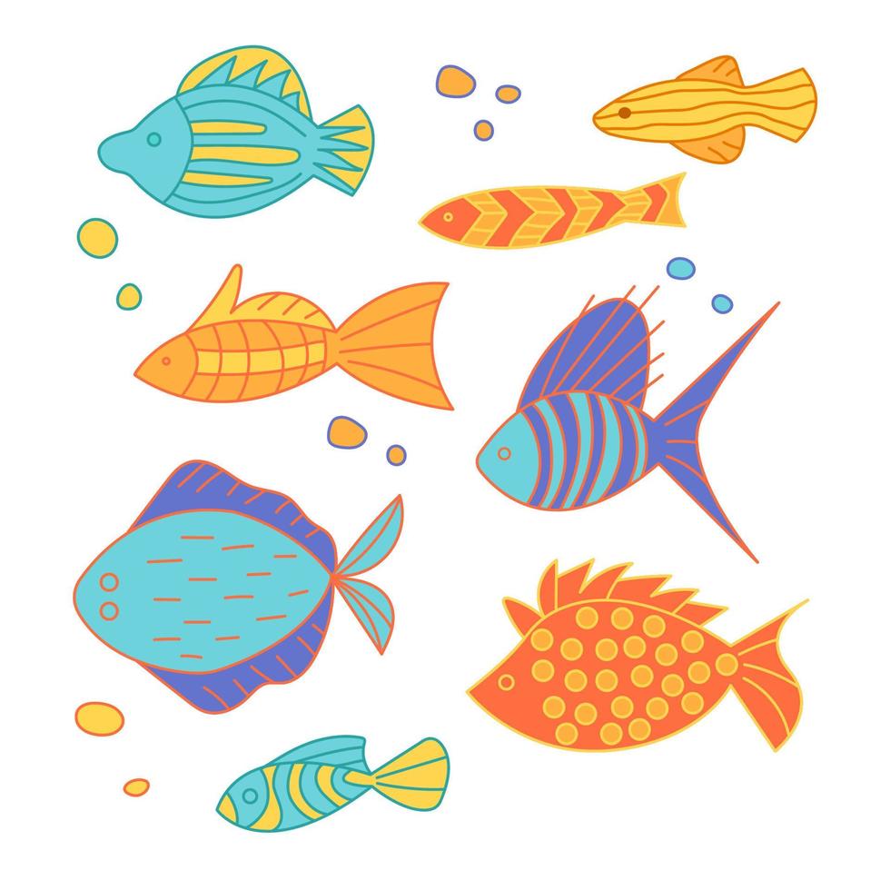 conjunto de peces de dibujos animados coloridos, divertidos y diferentes. en el estilo de garabato vector