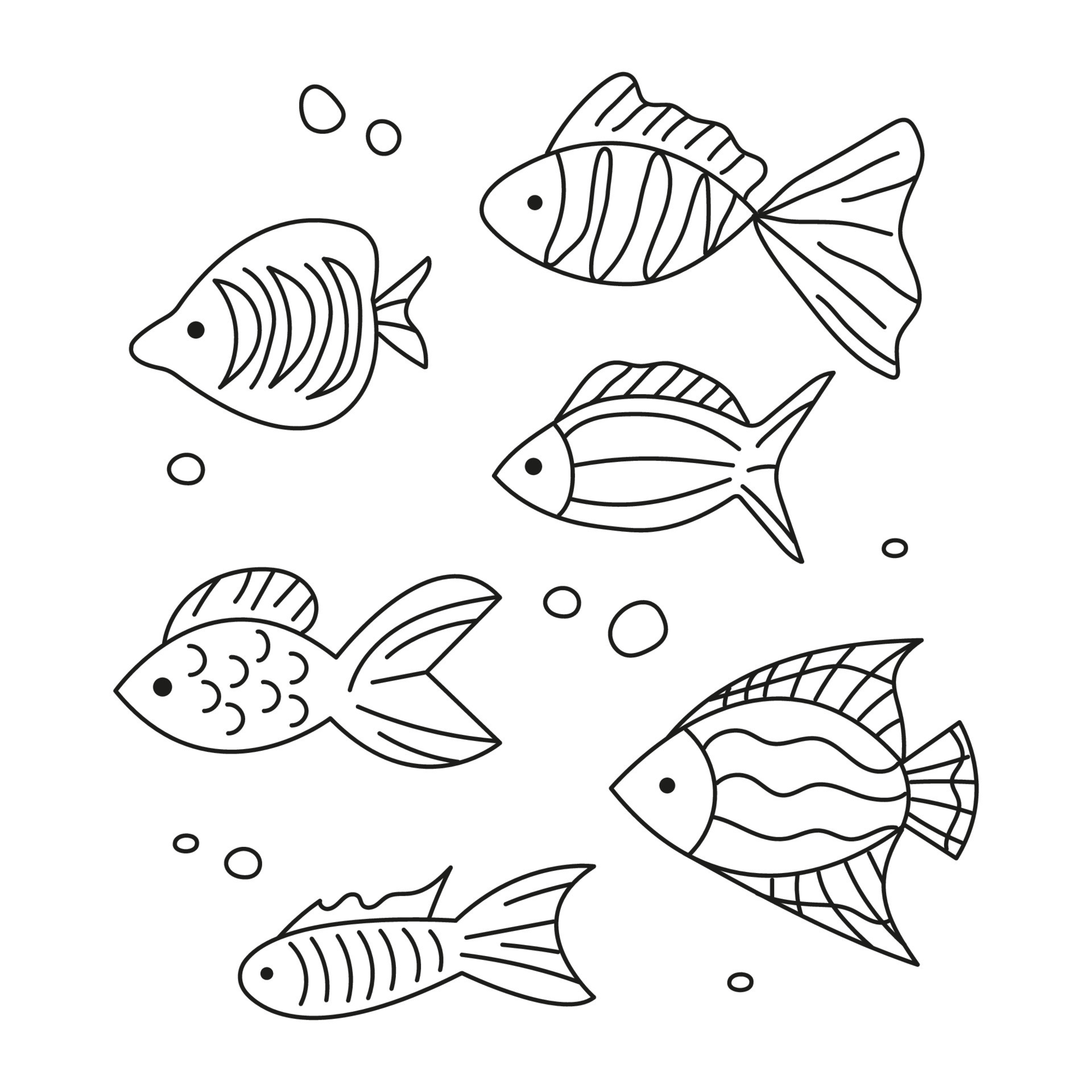 a group of different simple fish with patterns. in the doodle style