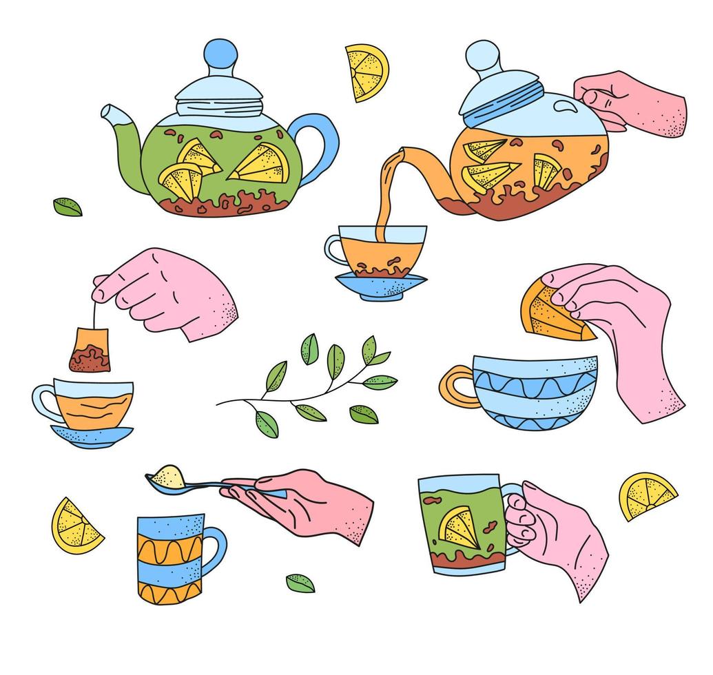 ponga la mano sosteniendo una taza de té, cuchara con azúcar, tetera, limón. ilustración vectorial estilo garabato vector