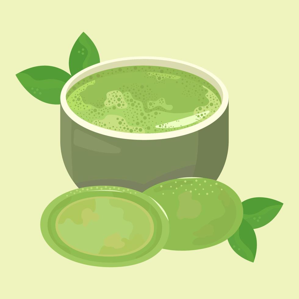 té matcha en una taza. fósforos de fósforos y hojas de té verde. estilo de dibujos animados vector