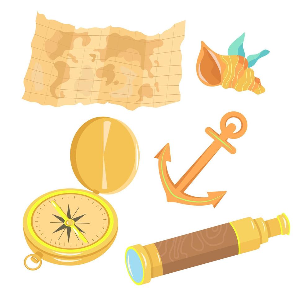 set map, corals, algae, shell, spyglass, anchor. isolated items. cartoon style vector