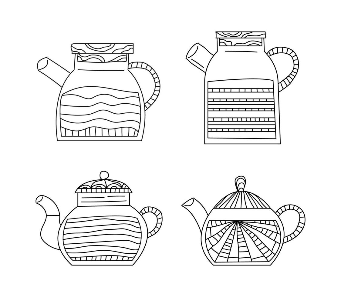 Teapot set vector illustration for english afternoon tea ceremony party or breakfast, stripes hand drawn