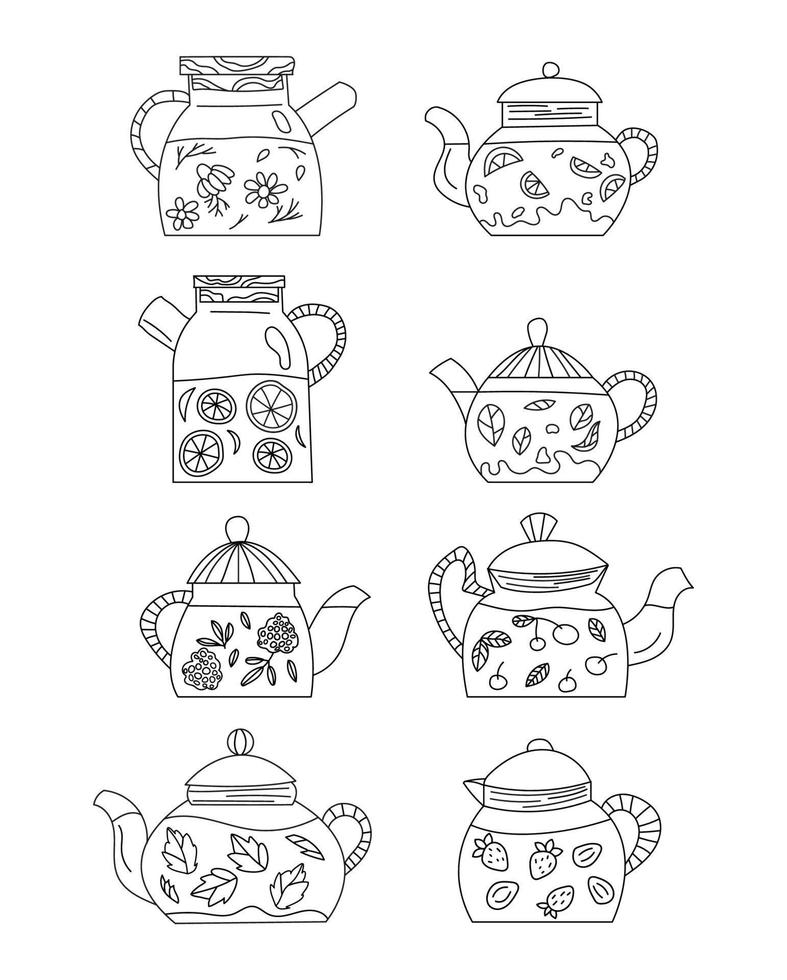 a set of different teapots with tea leaves, strawberries, raspberries, lemon, orange, mint vector