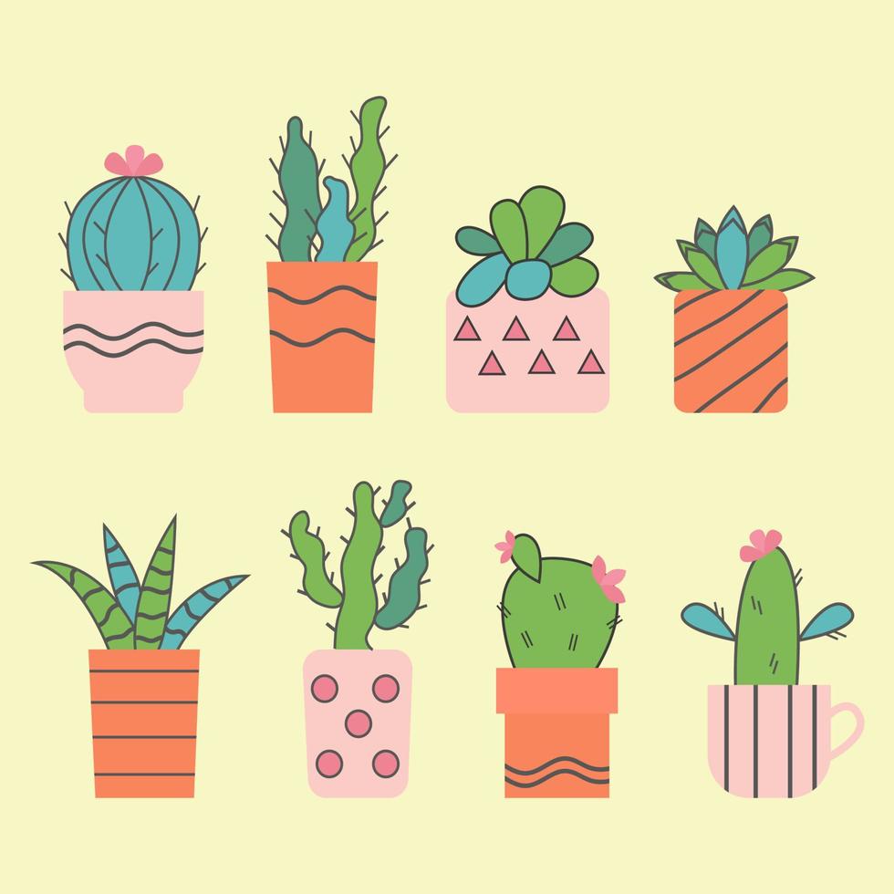 a hand-drawn isolated set of different colored cacti and succulents. vector