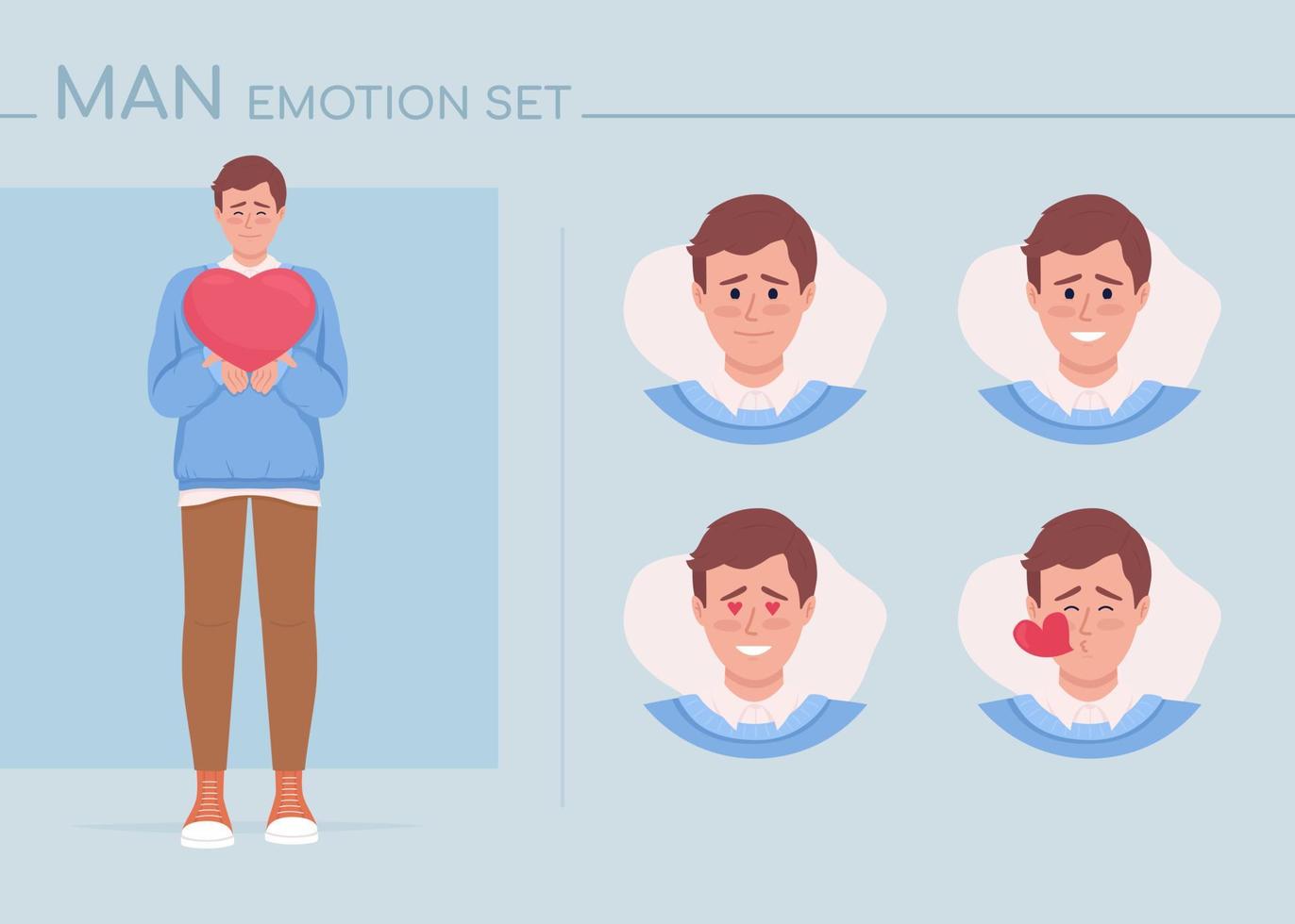 Loving young man semi flat color character emotions set. Editable facial expressions. Affection vector style illustration for motion graphic design and animation