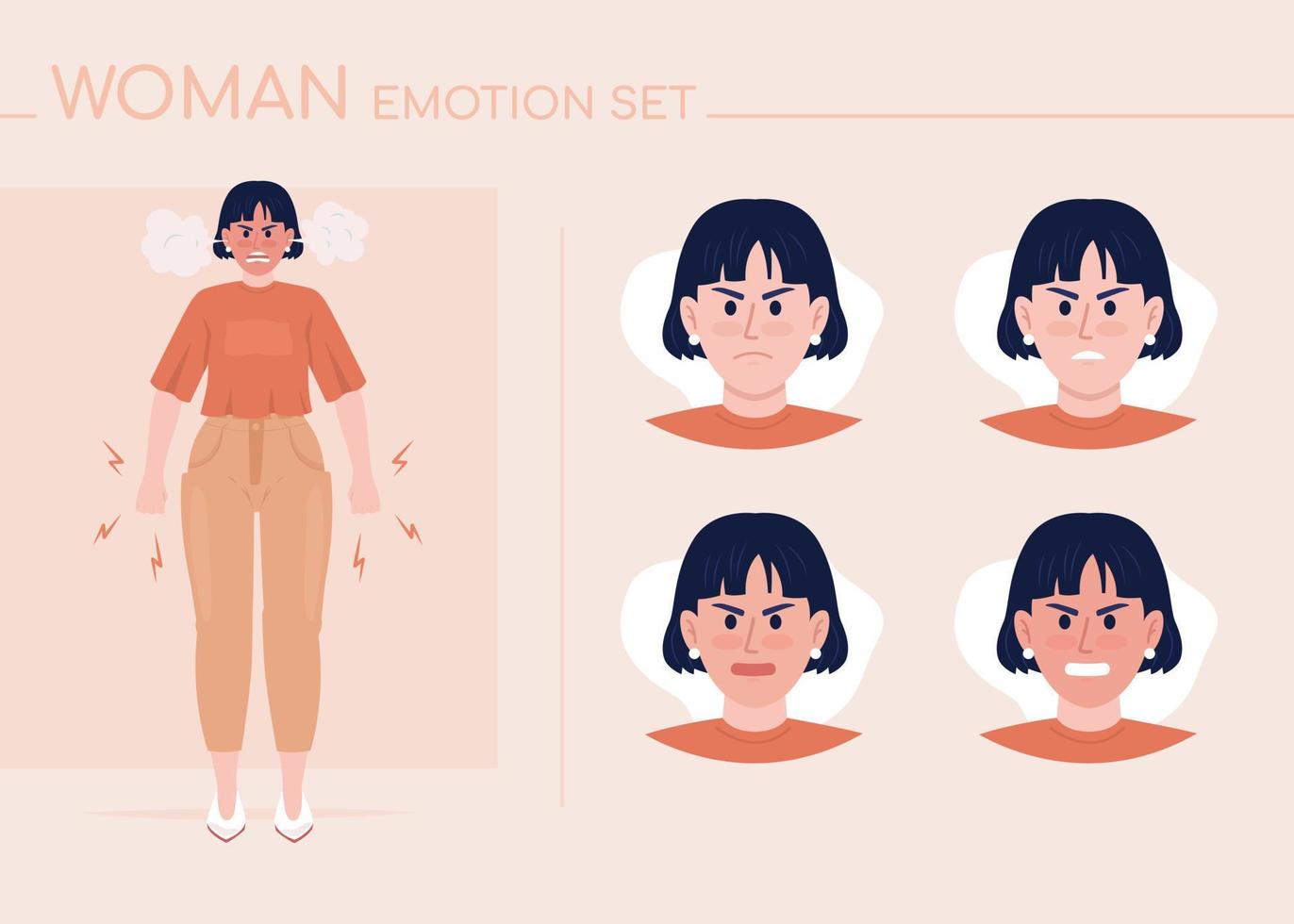 conjunto de emociones de carácter de color semiplano de mujer joven enojada. expresiones faciales editables. ilustración de estilo vectorial de dama furiosa para diseño gráfico de movimiento y animación vector