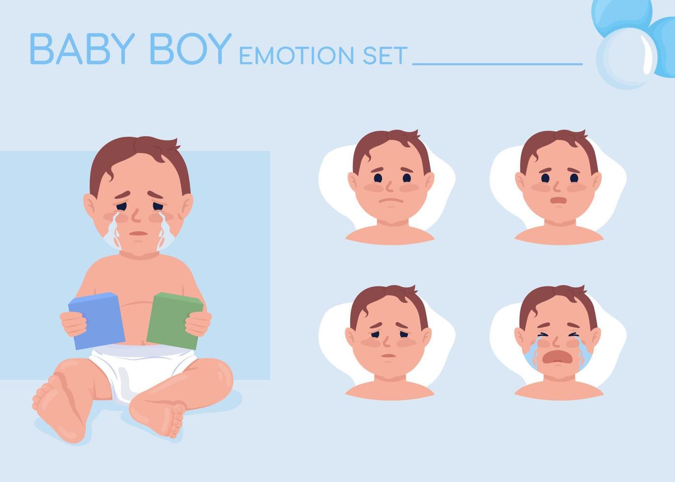 Crying baby boy semi flat color character emotions set vector