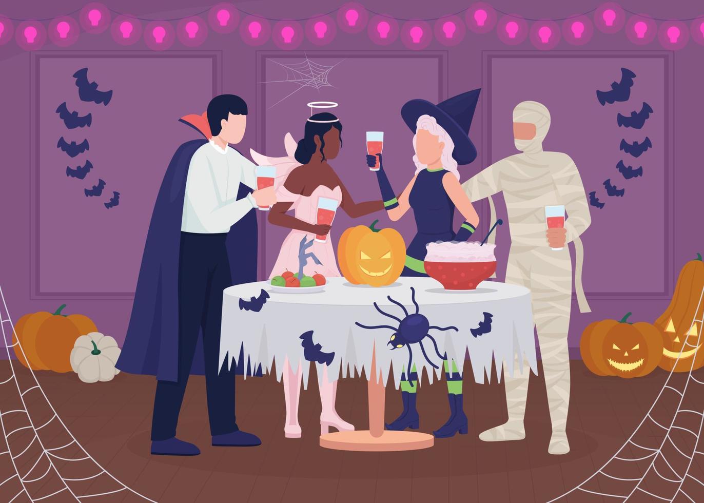 Ilustración de vector de color plano de fiesta de Halloween. vacaciones de temporada. comida festiva. gente disfrazada divirtiéndose. personajes de dibujos animados simples 2d totalmente editables con habitación decorada en el fondo