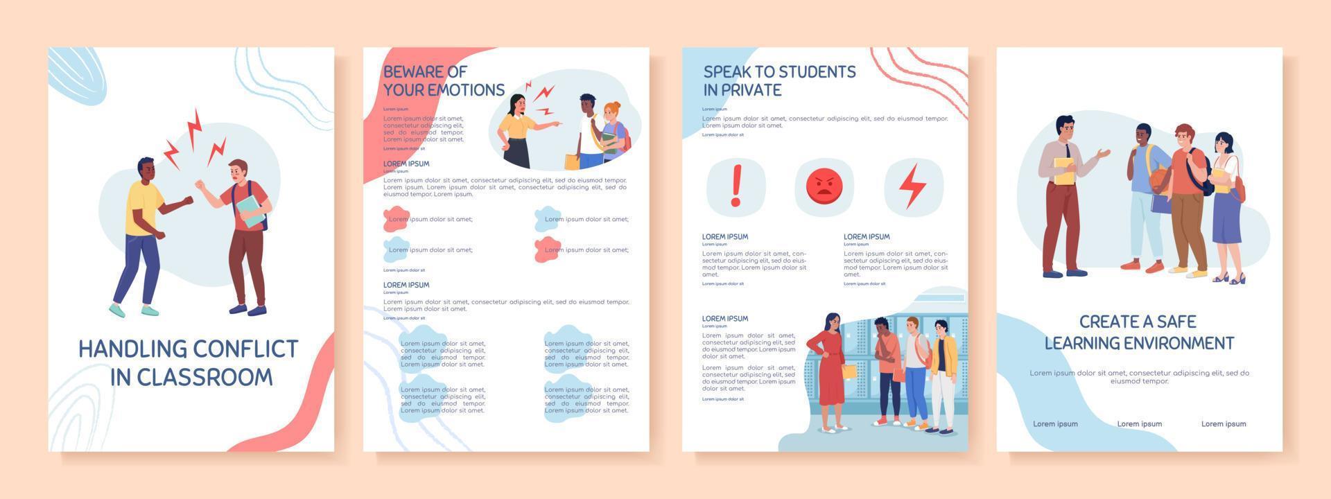 Conflict in classroom flat vector brochure template. College booklet, leaflet printable flat color designs. Editable magazine page, reports kit with text space