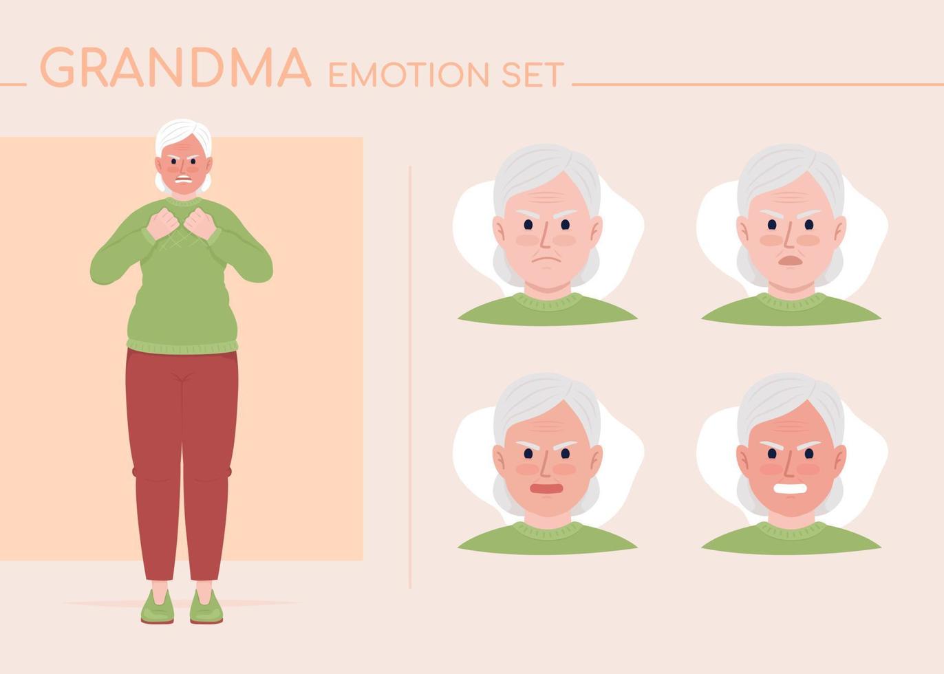 Angry grandma semi flat color character emotions set. Editable facial expressions. Heated lady vector style illustration for motion graphic design and animation