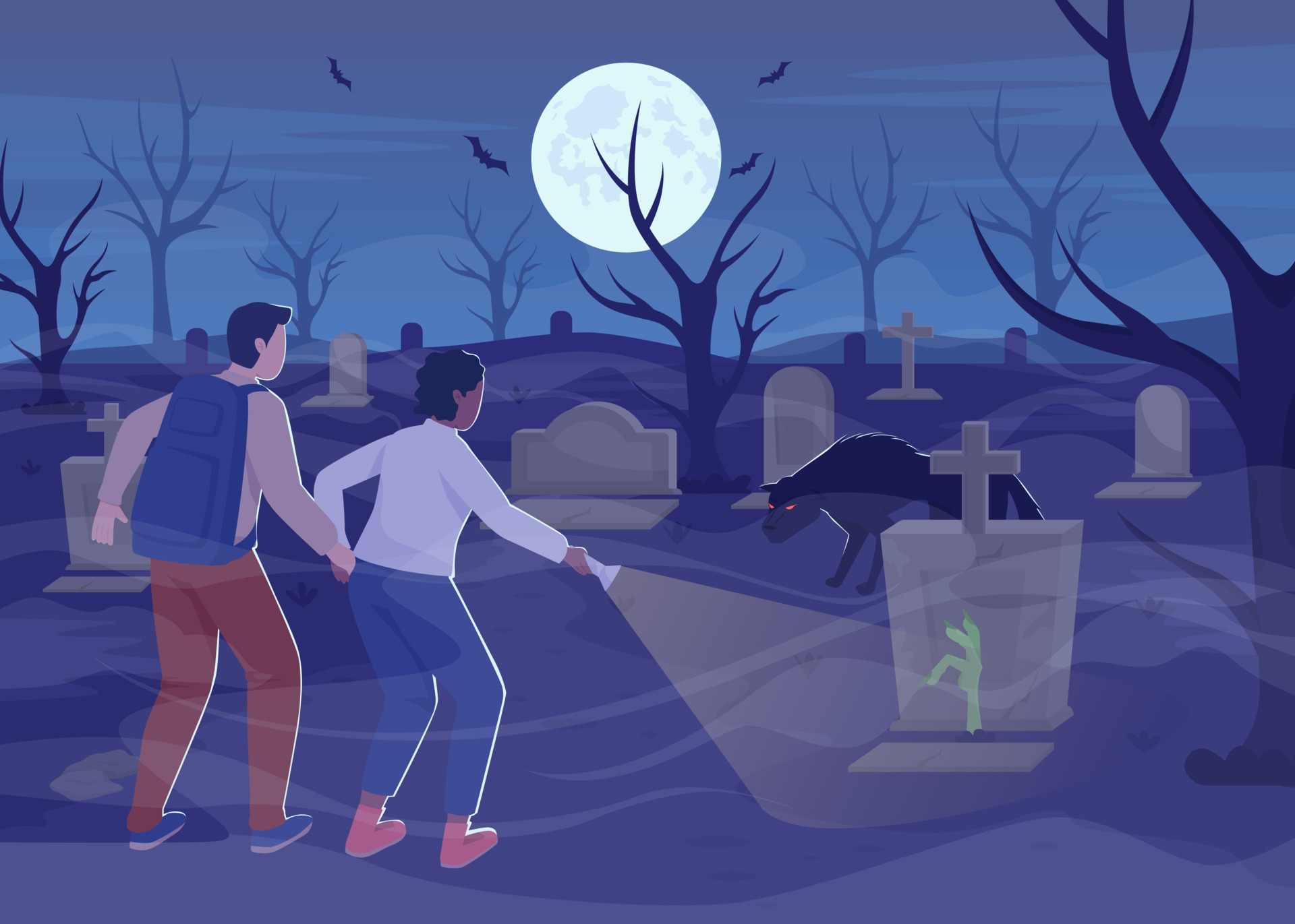 Graveyard flat color vector illustration. Couple visiting cemetery at  night. Halloween. Ominous environment. Fully editable 2D simple cartoon  characters with full moon and bats on background 11142863 Vector Art at  Vecteezy