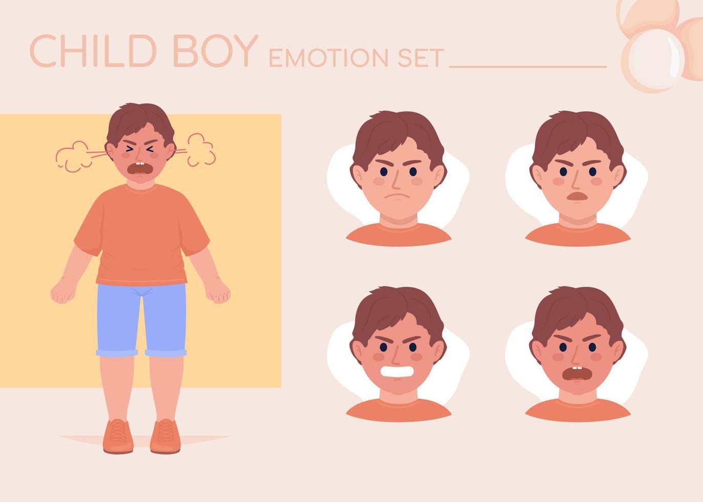 Conjunto de emociones de carácter de color semiplano de niño emocionado enojado. expresiones faciales editables. ilustración de estilo de vector ofensivo para animación y diseño gráfico de movimiento