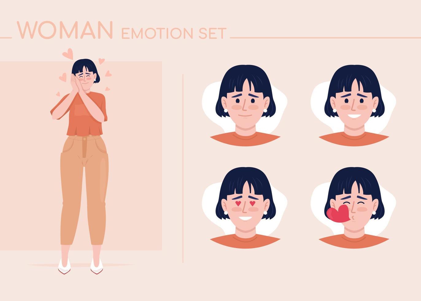 mujer joven enamorada conjunto de emociones de carácter de color semi plano vector