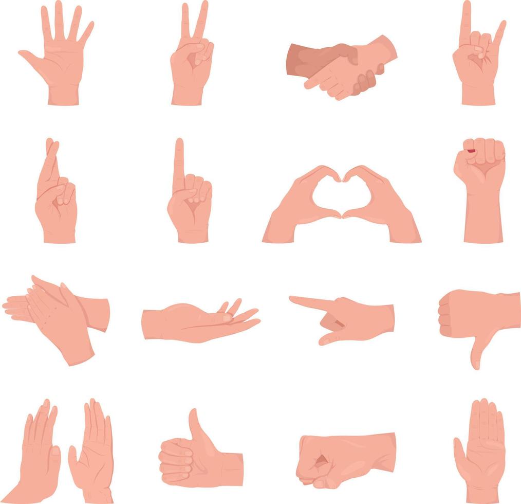 Sign language semi flat color vector hand gesture set