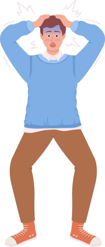 Stressed out man clutching head semi flat color vector character