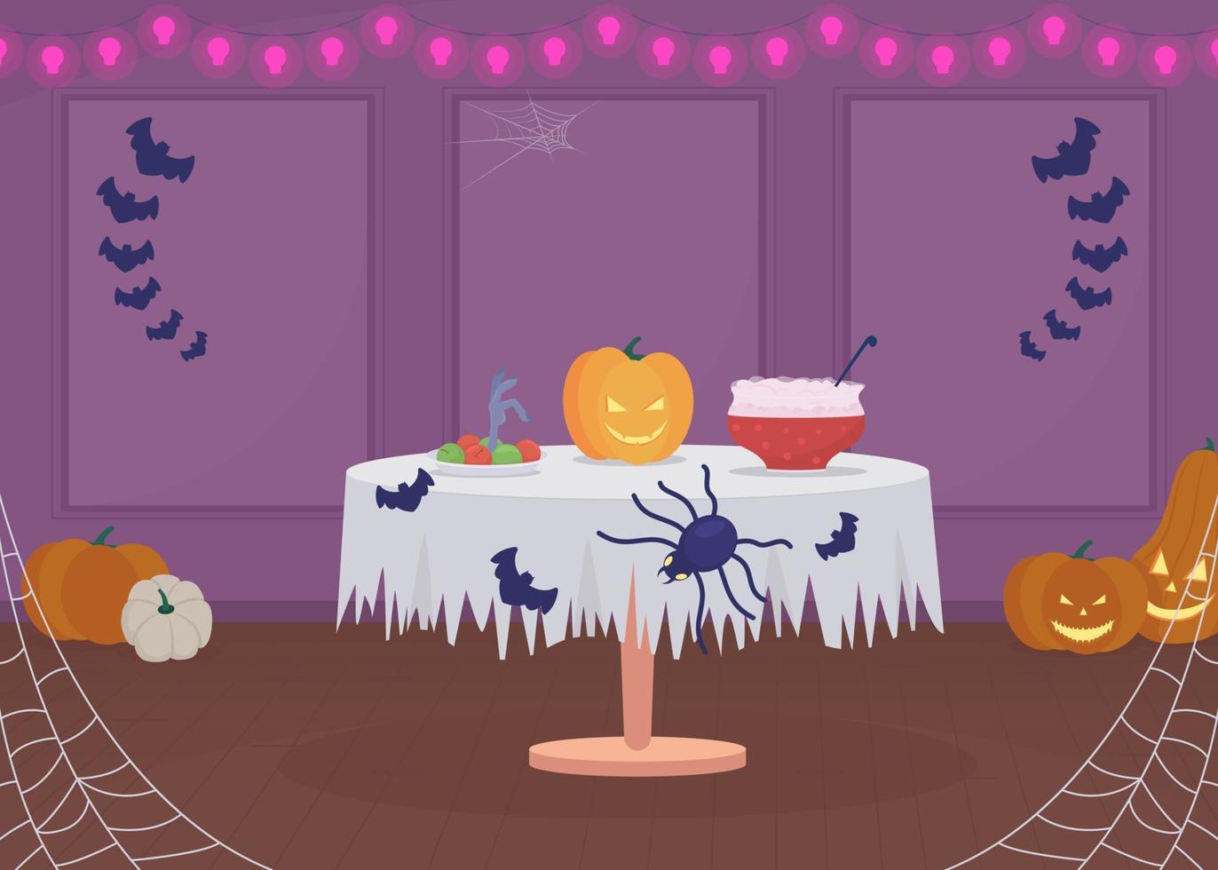 arreglo de fiesta en casa de halloween ilustración de vector de color plano. comida festiva evento de temporada. decoraciones espeluznantes. interior de dibujos animados simple 2d completamente editable con calabazas en el fondo