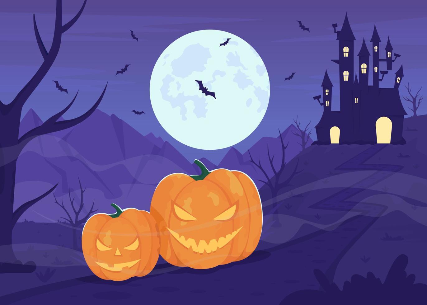 Ilustración de vector de color plano de castillo embrujado. calabazas siniestras. ambiente espeluznante. Noche de Halloween. paisaje de dibujos animados simple 2d completamente editable con luna llena y edificio en el fondo