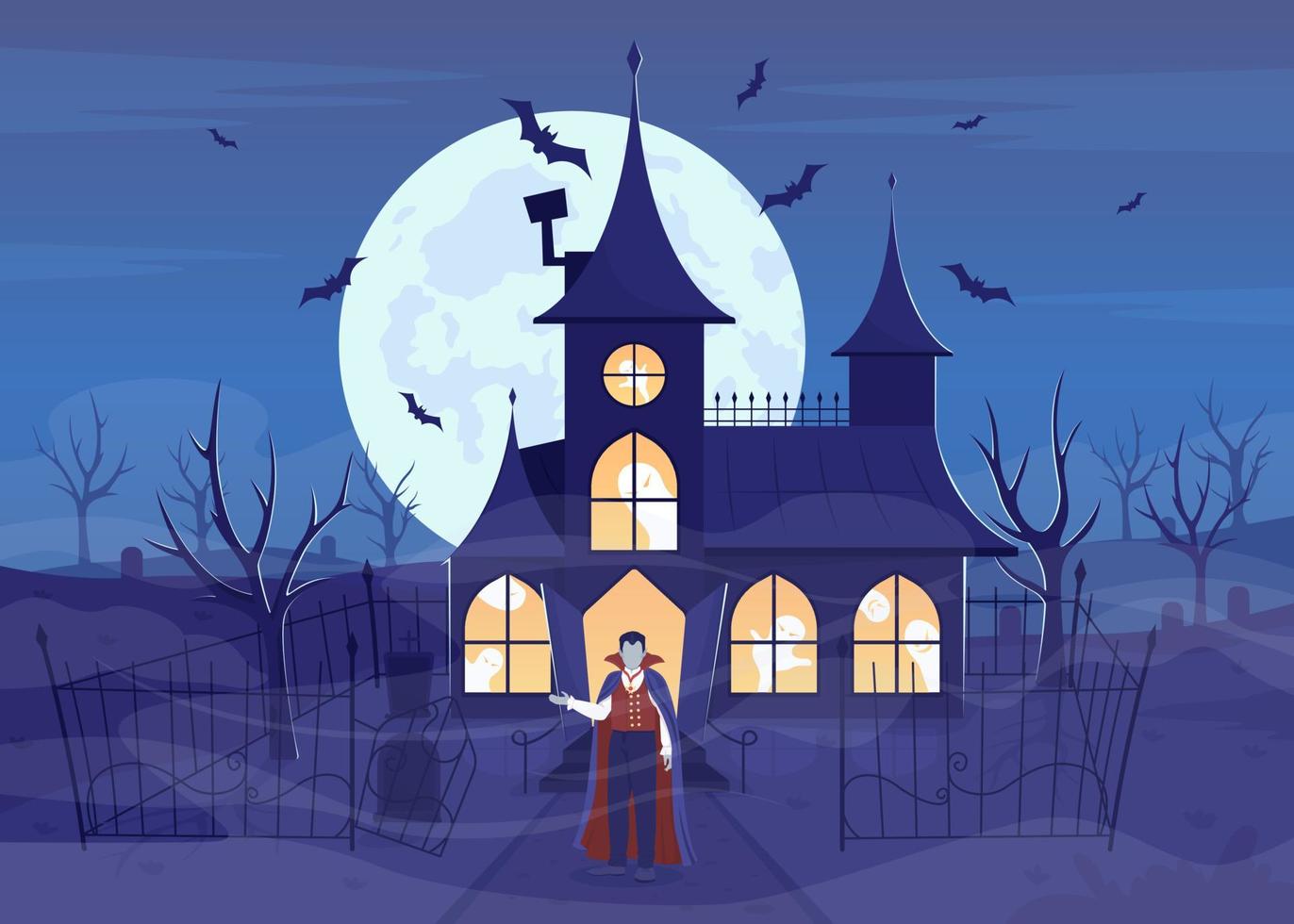 Vampire inviting to his house flat color vector illustration. Haunted mansion. Halloween night. Full moon. Fully editable 2D simple cartoon character with spooky building on background