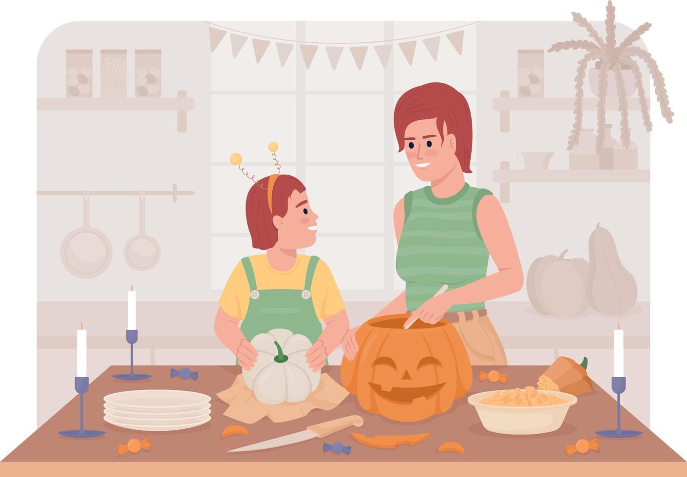 Carving pumpkins 2D vector isolated illustration. Mother and daughter preparing for holiday flat characters on cartoon background. Halloween colourful editable scene for mobile, website, presentation