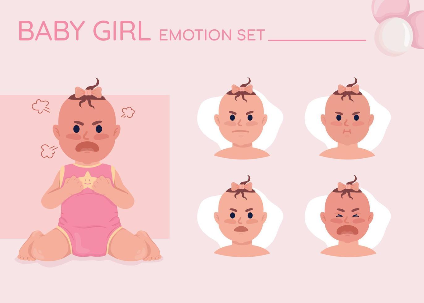 conjunto de emociones de carácter de color semiplano de niña enojada vector