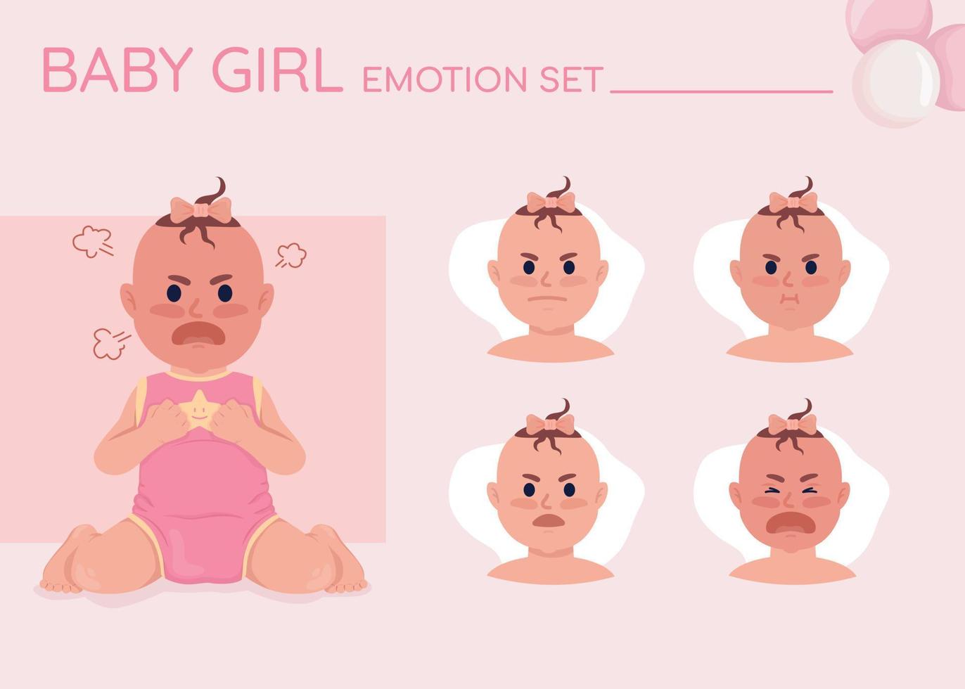 Angry baby girl semi flat color character emotions set vector