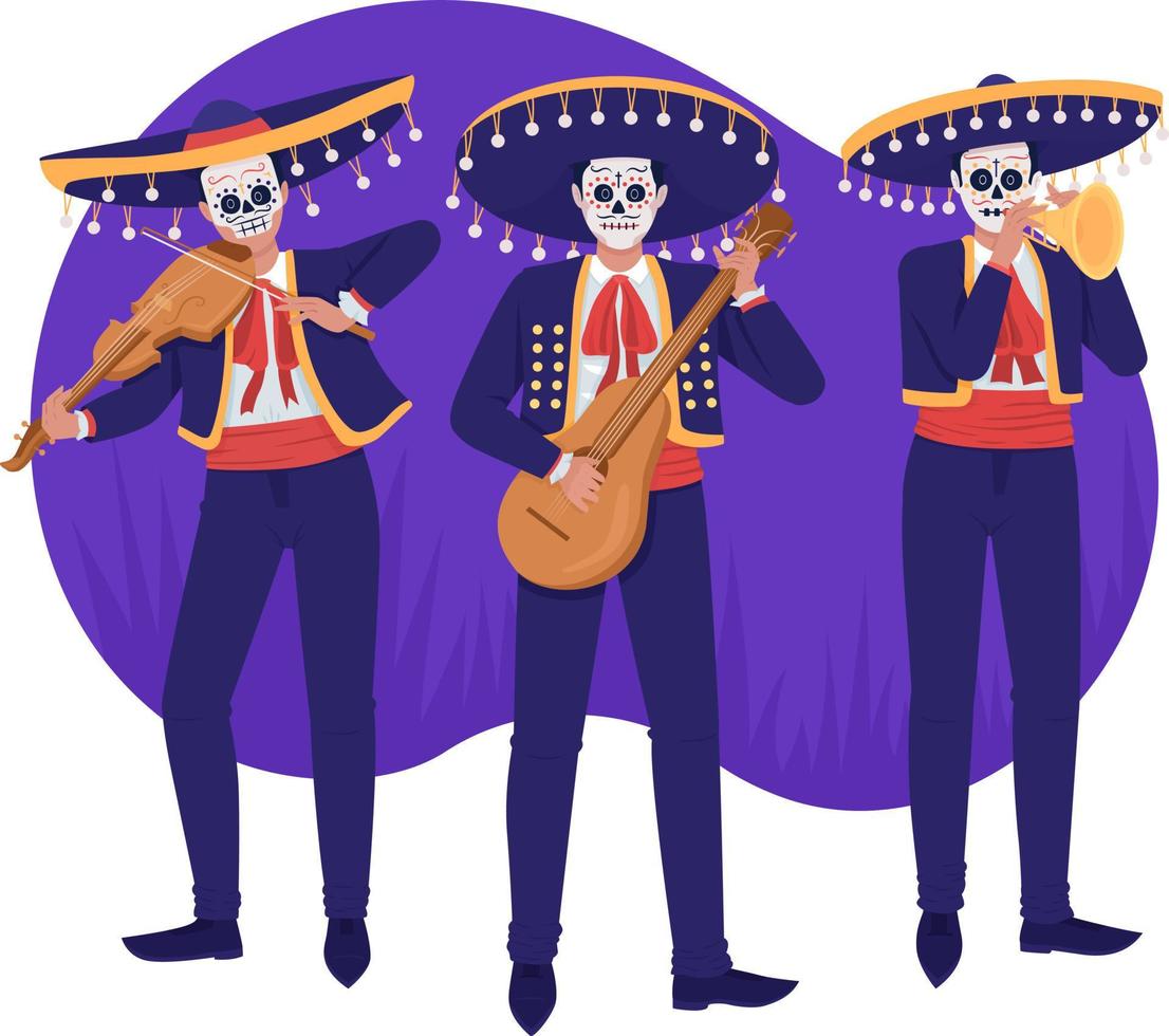 Day of dead musicians 2D vector isolated illustration. Flat characters on cartoon background. Mexican traditional celebration colourful editable scene for mobile, website, presentation