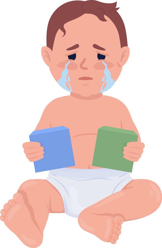 Crying baby with toy blocks semi flat color vector character. Editable figure. Full body person on white. Sadness simple cartoon style illustration for web graphic design and animation