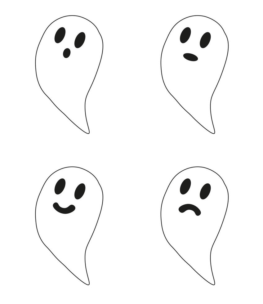 Collection of funny ghosts with different emotions. Halloween ghosts. Doodle cute ghosts with faces and smiles vector